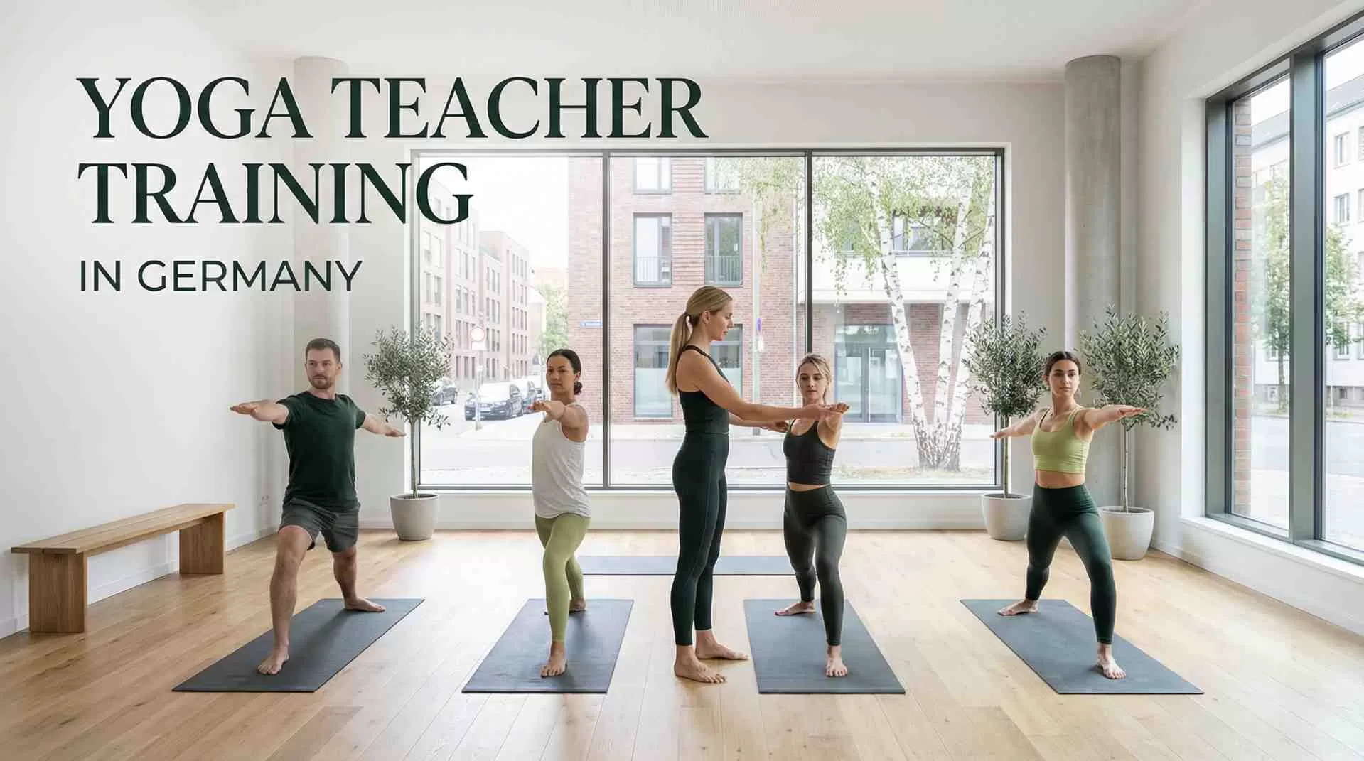 Yoga teacher training class in Germany with international certification students practicing in Berlin studio