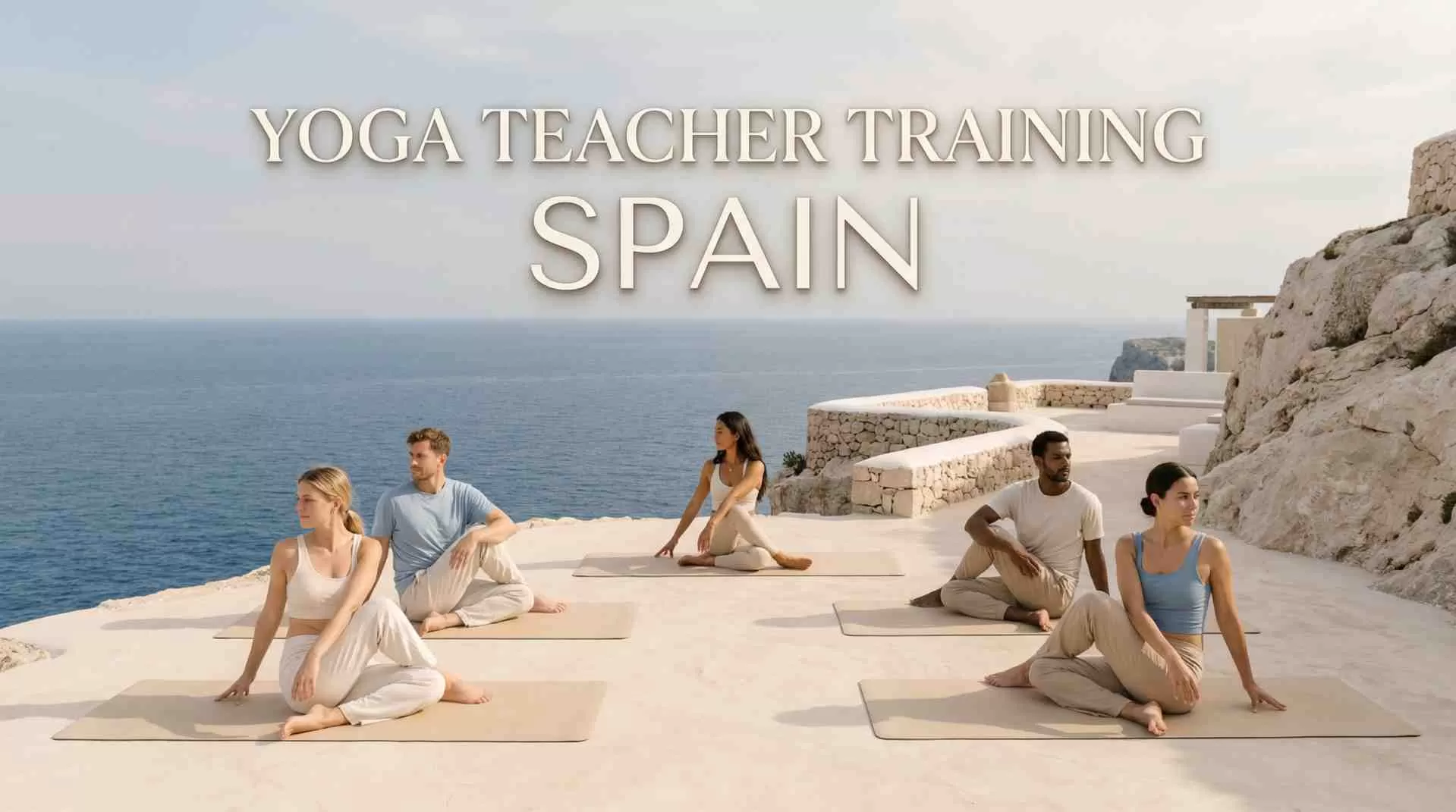 Yoga students practicing outdoors during yoga teacher training in Spain