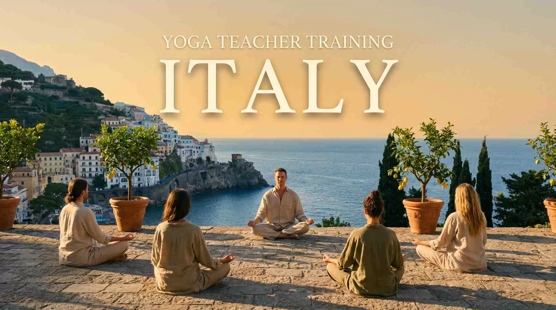 Students practicing yoga during a Yoga Alliance certified yoga teacher course in Italy with scenic European retreat background