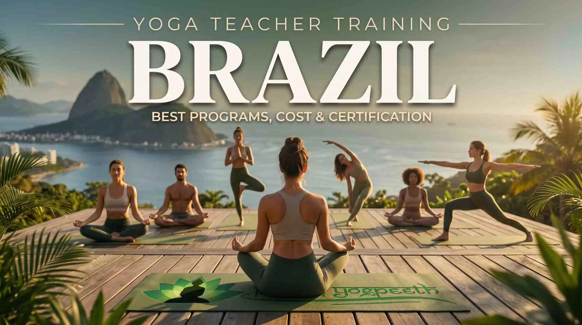 Serene yoga practitioner in Tree Pose on Copacabana beach at sunrise, with Sugarloaf Mountain in the background - symbolising yoga teacher training in Brazil.