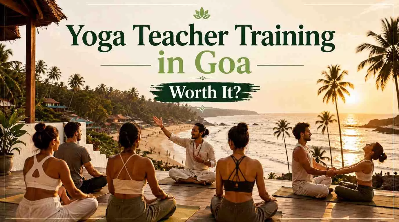 Students practicing yoga during a yoga teacher training course in Goa, India at Pankaj Yogpeeth
