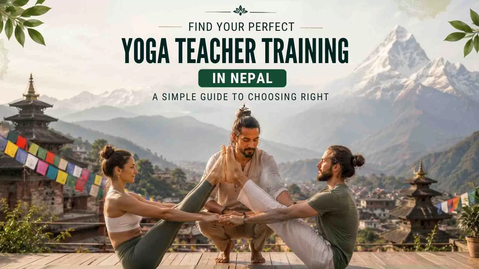 Yoga teacher training students practicing yoga in Nepal with Himalayan mountain scenery and peaceful yoga environment