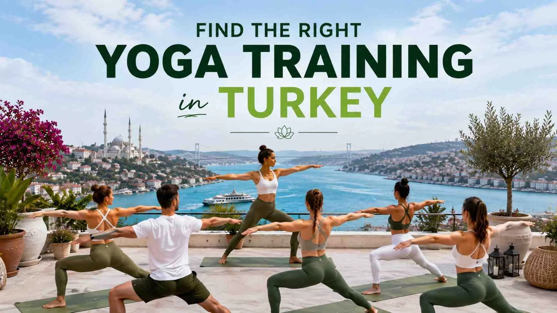 Yoga teacher training students practising in a sunlit studio in Turkey with a certified instructor guiding the class.