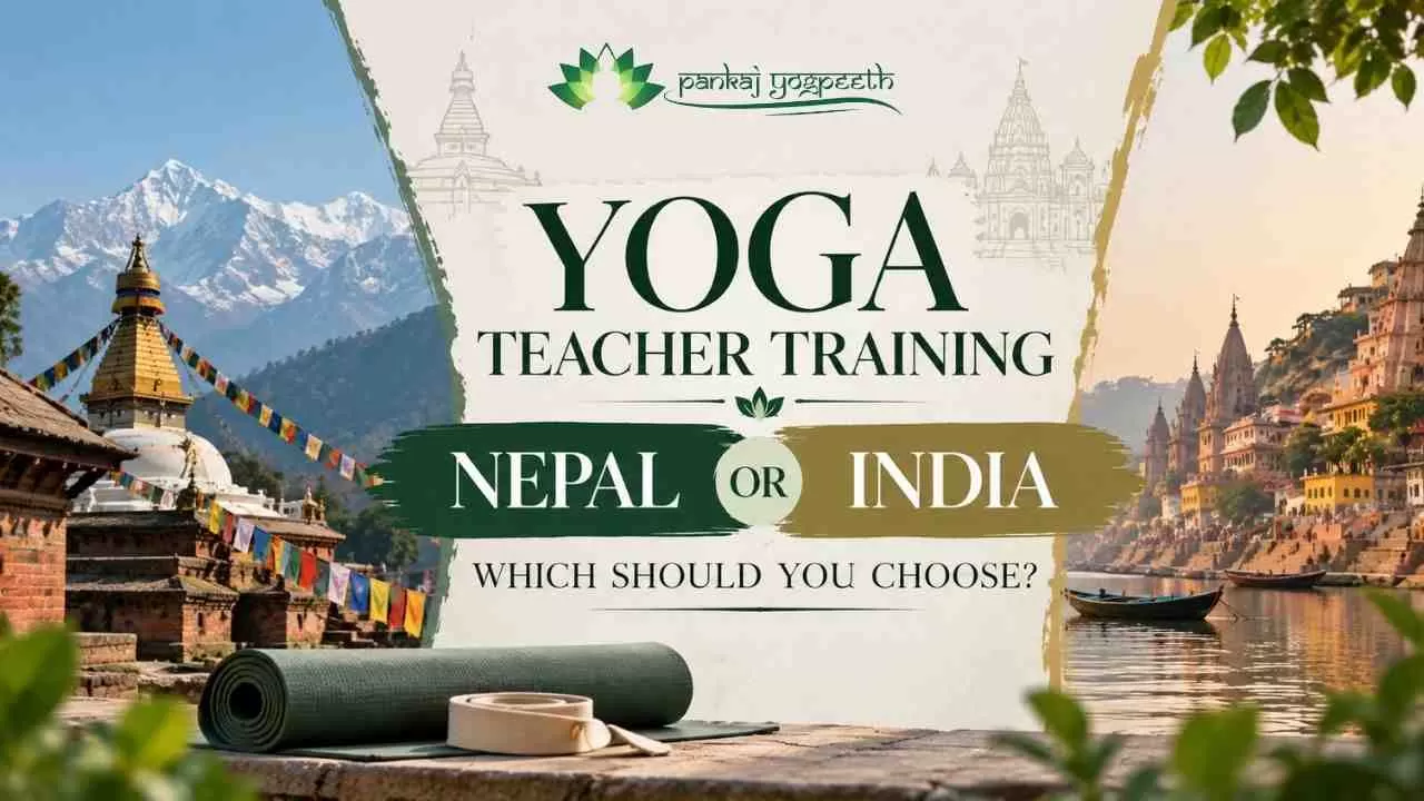 Yoga students practising outdoors, comparing yoga teacher training in Nepal and India